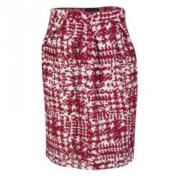 CH Carolina Herrera Red and White Textured Jacquard Pencil Skirt M