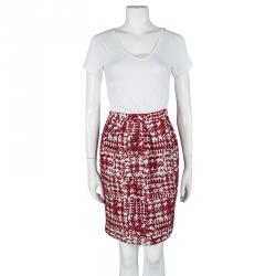 CH Carolina Herrera Red and White Textured Jacquard Pencil Skirt M