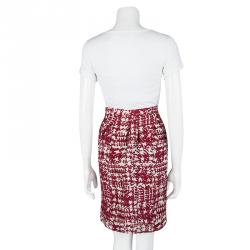 CH Carolina Herrera Red and White Textured Jacquard Pencil Skirt M