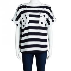 Pre Owned CH Carolina Herrera Navy Blue and White Striped and Polka Dotted Top M
