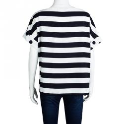 Pre Owned CH Carolina Herrera Navy Blue and White Striped and Polka Dotted Top M