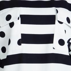 Pre Owned CH Carolina Herrera Navy Blue and White Striped and Polka Dotted Top M