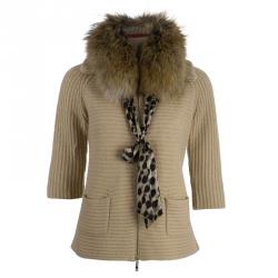 Pre Owned CH Carolina Herrera Beige Wool Fox Fur Cardigan XS
