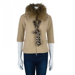 Pre Owned CH Carolina Herrera Beige Wool Fox Fur Cardigan XS