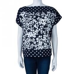 مملوكة مسبقًا CH Carolina Herrera Navy and White Floral Print Square Top M