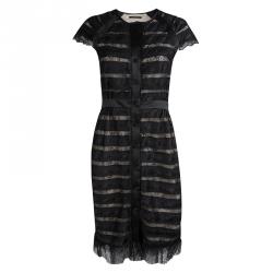 مملوكة مسبقًا CH Carolina Herrera Black Scallop Lace Button Front Dress S