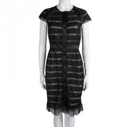 مملوكة مسبقًا CH Carolina Herrera Black Scallop Lace Button Front Dress S