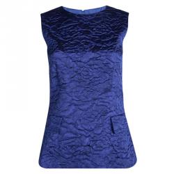 Pre Owned CH Carolina Herrera Blue Embossed Floral Jacquard Sleeveless Top S