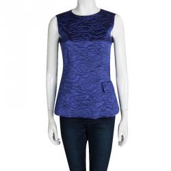 Pre Owned CH Carolina Herrera Blue Embossed Floral Jacquard Sleeveless Top S