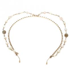 Pre Owned Chanel Faux Pearl & Bead Embellished Gold Tone Head Band 