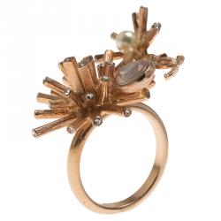 Pre Owned Chanel CC Starburst Crystals & Faux Pearl Rose Gold Tone Ring EU 54