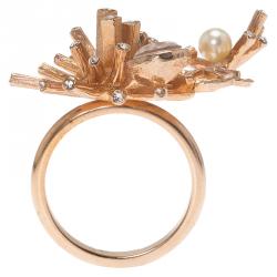 Pre Owned Chanel CC Starburst Crystals & Faux Pearl Rose Gold Tone Ring EU 54