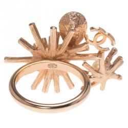 Pre Owned Chanel CC Starburst Crystals & Faux Pearl Rose Gold Tone Ring EU 54