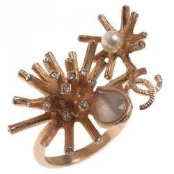 Pre Owned Chanel CC Starburst Crystals & Faux Pearl Rose Gold Tone Ring EU 54