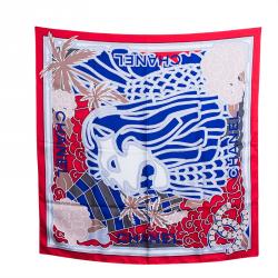 مملوكة مسبقًا Chanel Red and Blue Silk Lion Printed Scarf