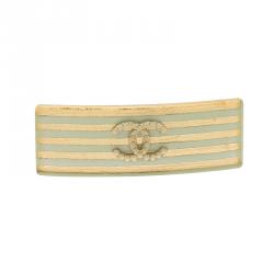 Pre Owned Chanel CC Faux Pearl Gold Tone and Sea Green Resin Hair Clip 