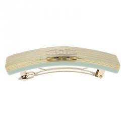 Pre Owned Chanel CC Faux Pearl Gold Tone and Sea Green Resin Hair Clip 