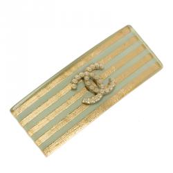 Pre Owned Chanel CC Faux Pearl Gold Tone and Sea Green Resin Hair Clip 