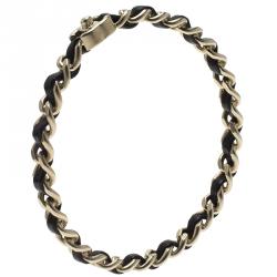 Pre Owned سوار شانيل CC بالشعار وقفل دوار جلد أسود مغزول ذهبي اللون مقاس 21 سم