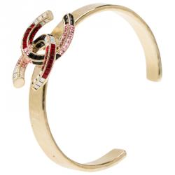 Pre Owned Chanel CC Multi-Colored Crystals Gold Tone Open Cuff Bracelet 16cm