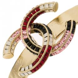 Pre Owned Chanel CC Multi-Colored Crystals Gold Tone Open Cuff Bracelet 16cm
