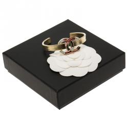 Pre Owned Chanel CC Multi-Colored Crystals Gold Tone Open Cuff Bracelet 16cm