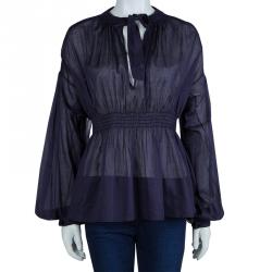 Pre Owned Chanel Navy Blue Cotton Smocked Waist Long Sleeve Sheer Blouse L