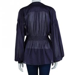 Pre Owned Chanel Navy Blue Cotton Smocked Waist Long Sleeve Sheer Blouse L