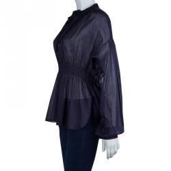 Pre Owned Chanel Navy Blue Cotton Smocked Waist Long Sleeve Sheer Blouse L