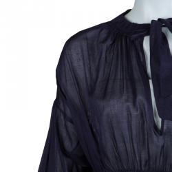 Pre Owned Chanel Navy Blue Cotton Smocked Waist Long Sleeve Sheer Blouse L