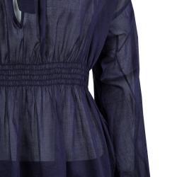 Pre Owned Chanel Navy Blue Cotton Smocked Waist Long Sleeve Sheer Blouse L