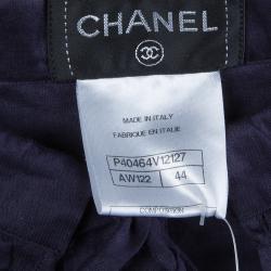 Pre Owned Chanel Navy Blue Cotton Smocked Waist Long Sleeve Sheer Blouse L