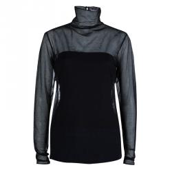 Chanel Black Mesh Turtleneck Long Sleeve Sheer Top L