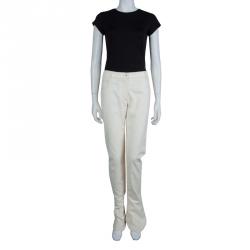Pre Owned Chanel Cream Slub Denim Straight Fit Jeans L