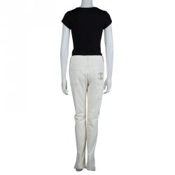 Pre Owned Chanel Cream Slub Denim Straight Fit Jeans L