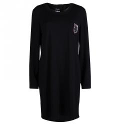 Pre Owned Chanel Black Knit Logo Pocket Detail Long Sleeve Dress L