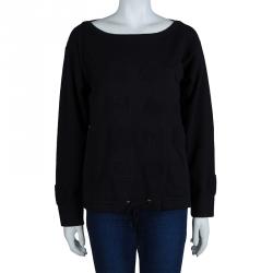 Pre Owned Chanel Black Cashmere Chenille Embroidered Drawstring Detail Sweater M