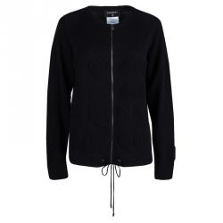 Pre Owned Chanel Black Cashmere Chenille Embroidered Zip Front Cardigan L