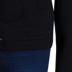 Pre Owned Chanel Black Cashmere Chenille Embroidered Zip Front Cardigan L
