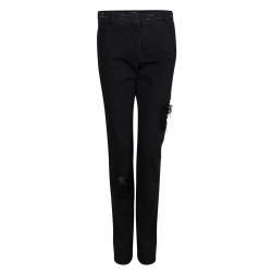 Pre Owned Chanel Black Distressed Denim Embroidered Patch Detail Straight Fit Jeans M