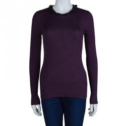 Pre Owned Chanel Purple Ribbed Knit Embellished Neckline Detail Sweater M