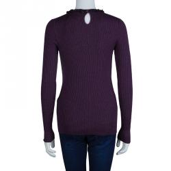 Pre Owned Chanel Purple Ribbed Knit Embellished Neckline Detail Sweater M