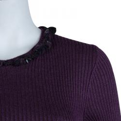 Pre Owned Chanel Purple Ribbed Knit Embellished Neckline Detail Sweater M
