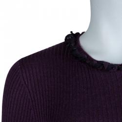 Pre Owned Chanel Purple Ribbed Knit Embellished Neckline Detail Sweater M