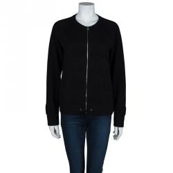 Pre Owned Chanel Black Chenille Embroidered Zip Front Cashmere Cardigan M