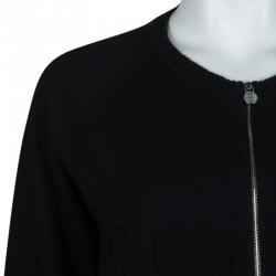Pre Owned Chanel Black Chenille Embroidered Zip Front Cashmere Cardigan M