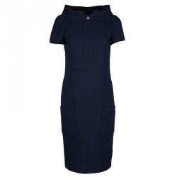 Pre Owned Chanel Navy Blue High Collar Textured Wool Dress M