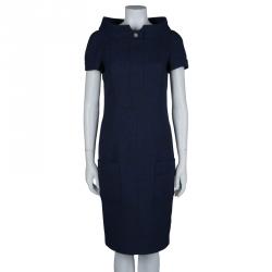 Pre Owned Chanel Navy Blue High Collar Textured Wool Dress M