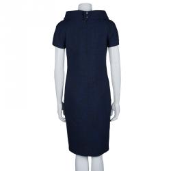 Pre Owned Chanel Navy Blue High Collar Textured Wool Dress M