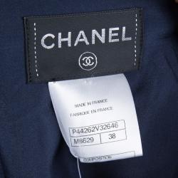 Pre Owned Chanel Navy Blue High Collar Textured Wool Dress M